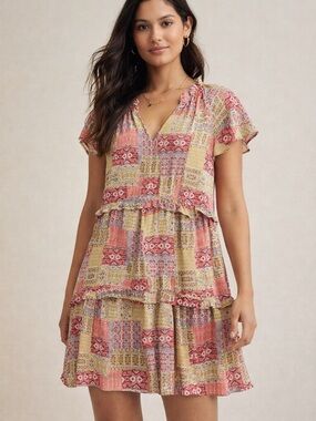 Anthropologie Robin Tiered Flowy Boho Patchwork Print Mini Dress Size Small